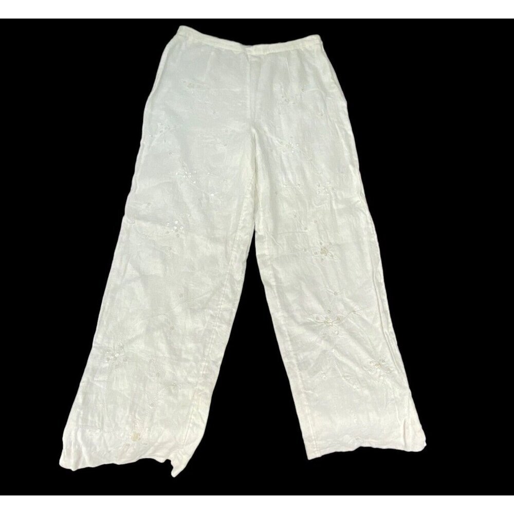 J‎ JILL Women Linen Wide Leg Embroidered Sequin Pants Sz 8 White Summer 79-16
